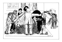 Comic Die Projektbesprechung – Illustration zur IBA (Internationale Bauausstellung) 1984 – gezeichnet von der Comic-Zeichnerin und Illustratorin Marion Lux, Berlin