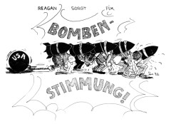 Comic Reagan sorgt fr Bombenstimmung – Illustration fr die Neue Charlottenburger Rundschau – gezeichnet von der Comic-Zeichnerin und Illustratorin Marion Lux, Berlin zum Reagan-Besuch in Berlin 1982