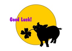 Grukarte Good Luck!, gestaltet von der Grafikdesignerin Marion Lux, Berlin - Beschreibung: Im Hintergrund eine gelbe Kreisflche wie Sonne oder Mond. Im Vordergrund die Silhouette von einem Schweinchen, das einen Stengel Glcksklee im Schnuzchen hat. Aufgedruckt der Spruch Good Luck!