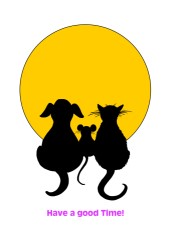Grukarte Have a good Time!, gestaltet von der Grafikdesignerin Marion Lux, Berlin - Beschreibung: Im Hintergrund eine gelbe Kreisflche wie Sonne oder Mond. Im Vordergrund eintrchtig nebeneinander Hund, Maus und Katze als Silhouetten. Aufgedruckt der Spruch Have a good Time!