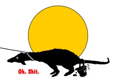 Grukarte Oh. Shit., gestaltet von der Grafikdesignerin Marion Lux, Berlin - Beschreibung: Im Hintergrund eine gelbe Kreisflche wie Sonne oder Mond. Im Vordergrund als Silhouette ein Hund, dem ein Eimer fr den Kot an den Schwanz gebunden ist. Der Hund zerrt an der Hundeleine. Aufgedruckt der Spruch Oh. Shit.